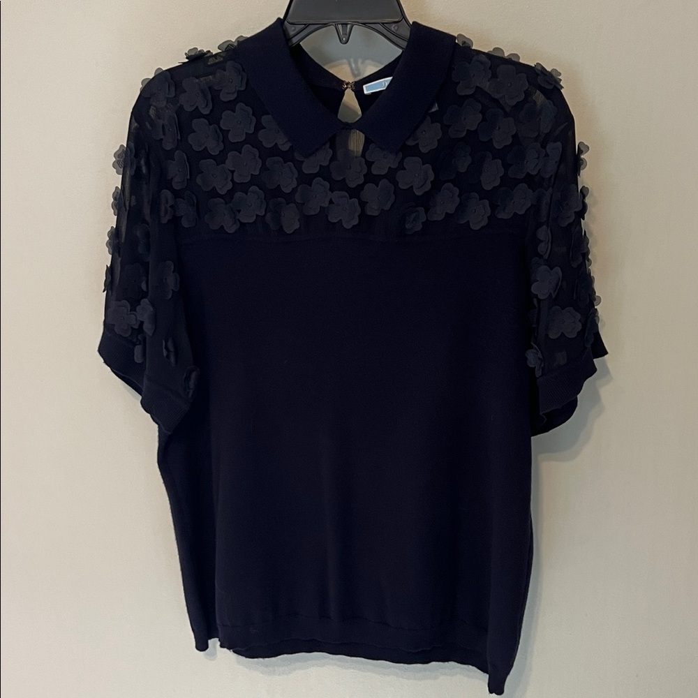 Draper James Fleurette Sleeve Collared Sweater Blouse – Navy – Size XL - Picture 3 of 8